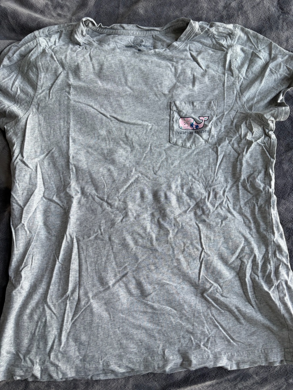Vineyard Vines Heather Gray Tee with Pink Whale Pocket Graphic